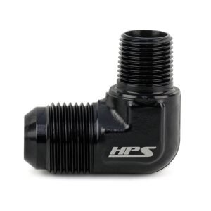 HPS AN Male to NPT Adapter Fitting [90 Degree] [-3 to 1/4 NPT] (Aluminum, Black)