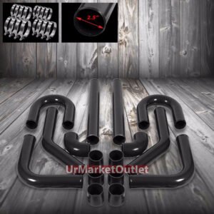 Universal 2.50″ Black 8PC Front Mount Intercooler Pipe Straight/Elbow Hose+Clamp