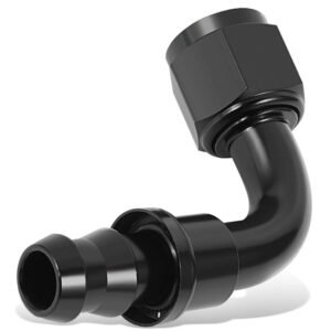 BFC Push-on Hose End to AN Female AN Fitting Adapter [90 Degree] [-8 to 1/2″ Barb] [Aluminum, Black]