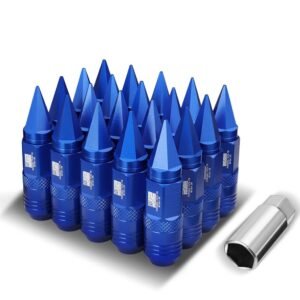 J2 20PCs Blue Aluminum M12 x 1.25 Open / Closed End Spike Conical Seat Wheels Lug Nuts [21MM OD/81MM Tall]