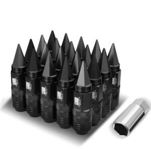 J2 20PCs Black Aluminum M12 x 1.5 Open / Closed End Spike Conical Seat Wheels Lug Nuts [21MM OD/81MM Tall]