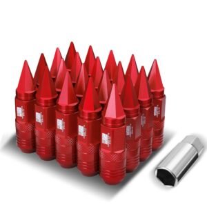 J2 20PCs Red Aluminum M12 x 1.5 Open / Closed End Spike Conical Seat Wheels Lug Nuts [21MM OD/81MM Tall]