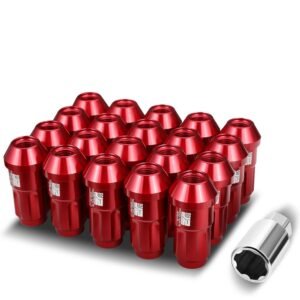 J2 20PCs Red Aluminum M12 x 1.25 Closed End (Spline Drive Style) Conical Seat Wheels Lug Nuts [24MM OD/50MM Tall]
