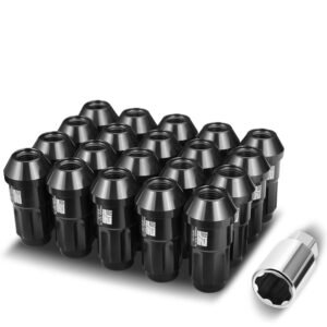 J2 20PCs Black Aluminum M12 x 1.5 Closed End (Spline Drive Style) Conical Seat Wheels Lug Nuts [24MM OD/50MM Tall]
