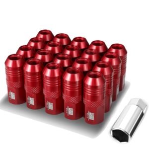 J2 20PCs Red Aluminum M12 x 1.25 Open End Conical Seat Wheels Lug Nuts [21MM OD/50MM Tall]