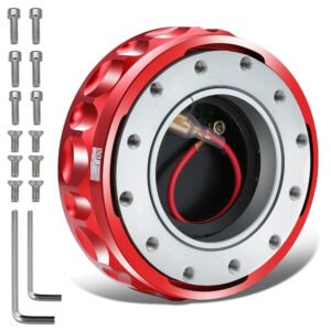 J2 Red 6-Hole Low Profile Twist Lock Steering Wheel Quick Release Adapter [22mm Height, 3.74″ Diameter]