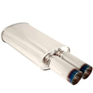 Megan M-DT Series 2.5″ Inlet Exhaust Muffler [Silver Chrome Canister / Burnt Tips]