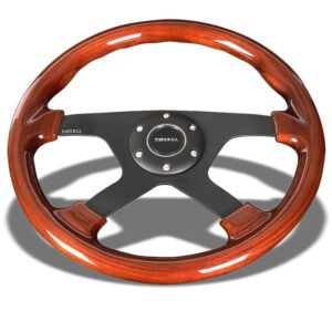 Brown Wood Grain/Black Quad-Spoke 350mm ST-075BK NRG Steering Wheel+Horn Button