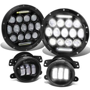 LED DRL Projector White LED Black Housing Headlight+Fog Light For 18 Wrangler JK