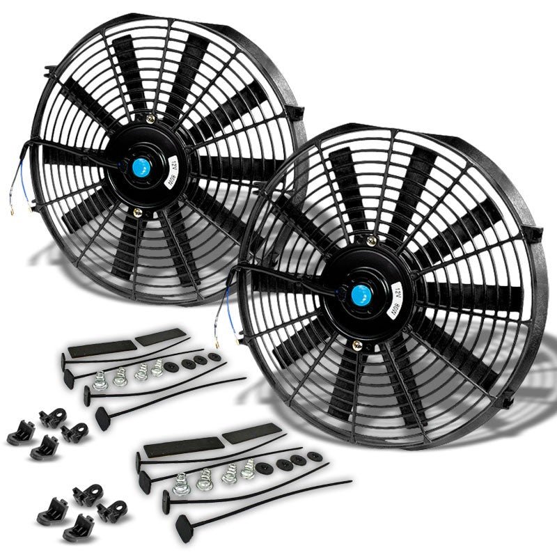 2x Universal 16″ Black Slim Engine Bay Radiator Motor Cooling Fan+Fan Mounting