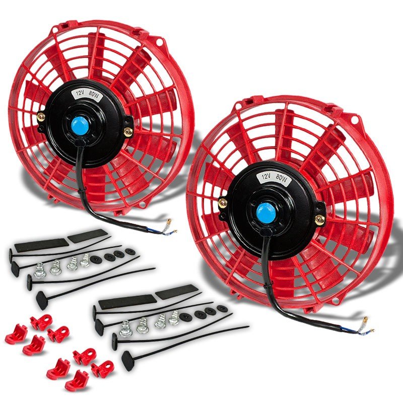 2x Universal 9″ Red Slim PULL/PUSH Electric Radiator Motor Cooling Fan+Mounting