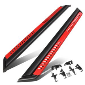 (Oval Dropped Step Black/Red) Running Board Nerf Bar For 18+ Jeep Wrangler 4DR Unlimited JL