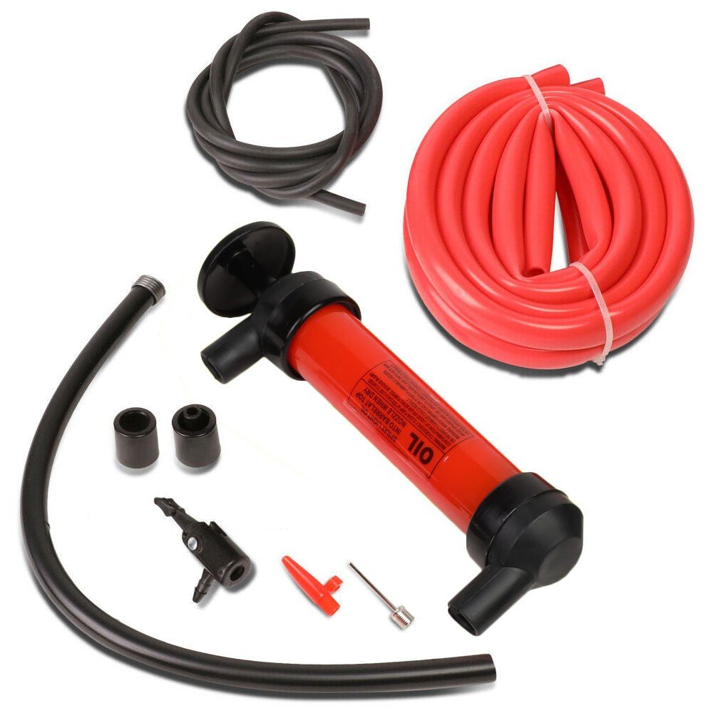 Red Multi-Use Liquid/Gas Siphon Transfer Pump w/50″ Hose/Chuck/Inflation Nozzle