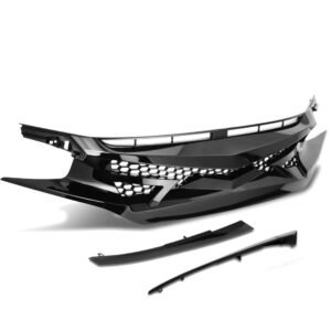 [Glossy Black] Battle Style Front Bumper Grille Replacement For 16-18 Civic Coupe Sedan /16-21 Civic Si & Type-R (FK8)