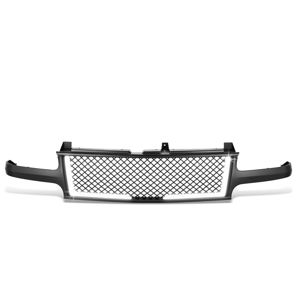 Black Matte Diamond Mesh Style Front Grille w/LED DRL Lights For 99-02 Chevy Silverado 1500 2500/00-06 Suburban Tahoe